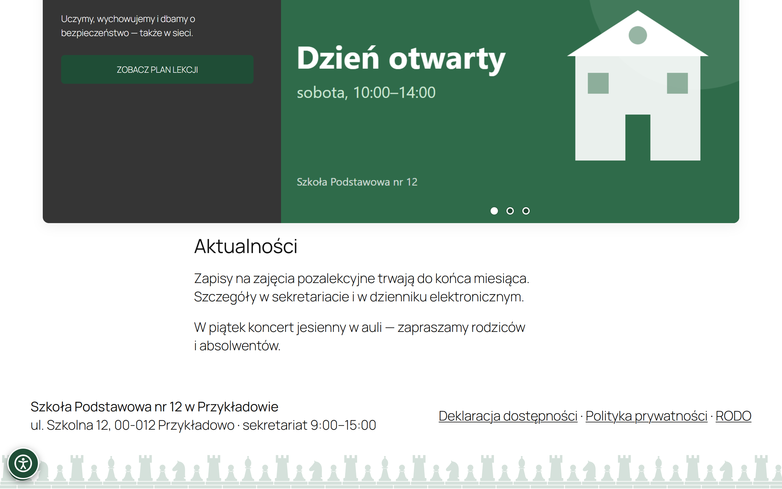 Stopka strony szkoły z pasem zielonych figur szachowych.