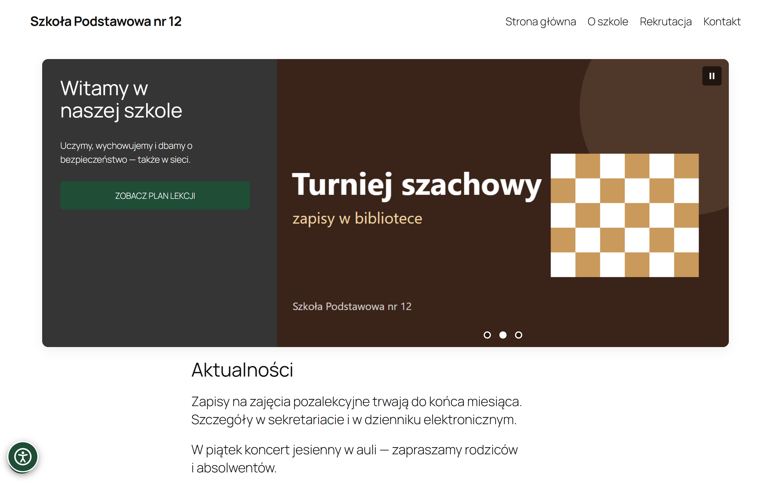 Strona szkoły ze slajdem „Turniej szachowy” w pokazie slajdów.