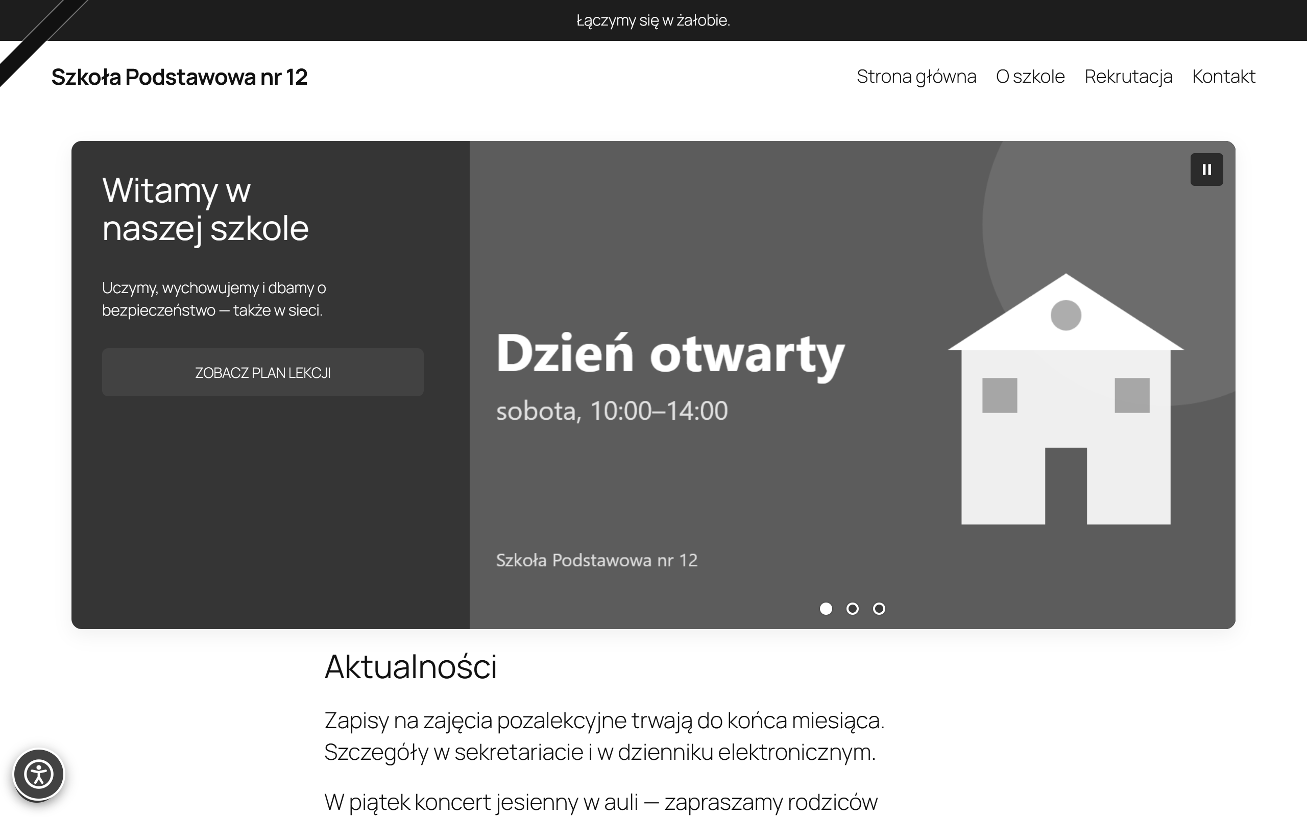 Strona szkoły w odcieniach szarości, z kirem w rogu i paskiem „Łączymy się w żałobie”.